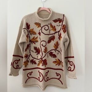 Vintage 90s Autumn Leaves Sweater Knit Cream/Beige Mock Neck Beautiful Fall